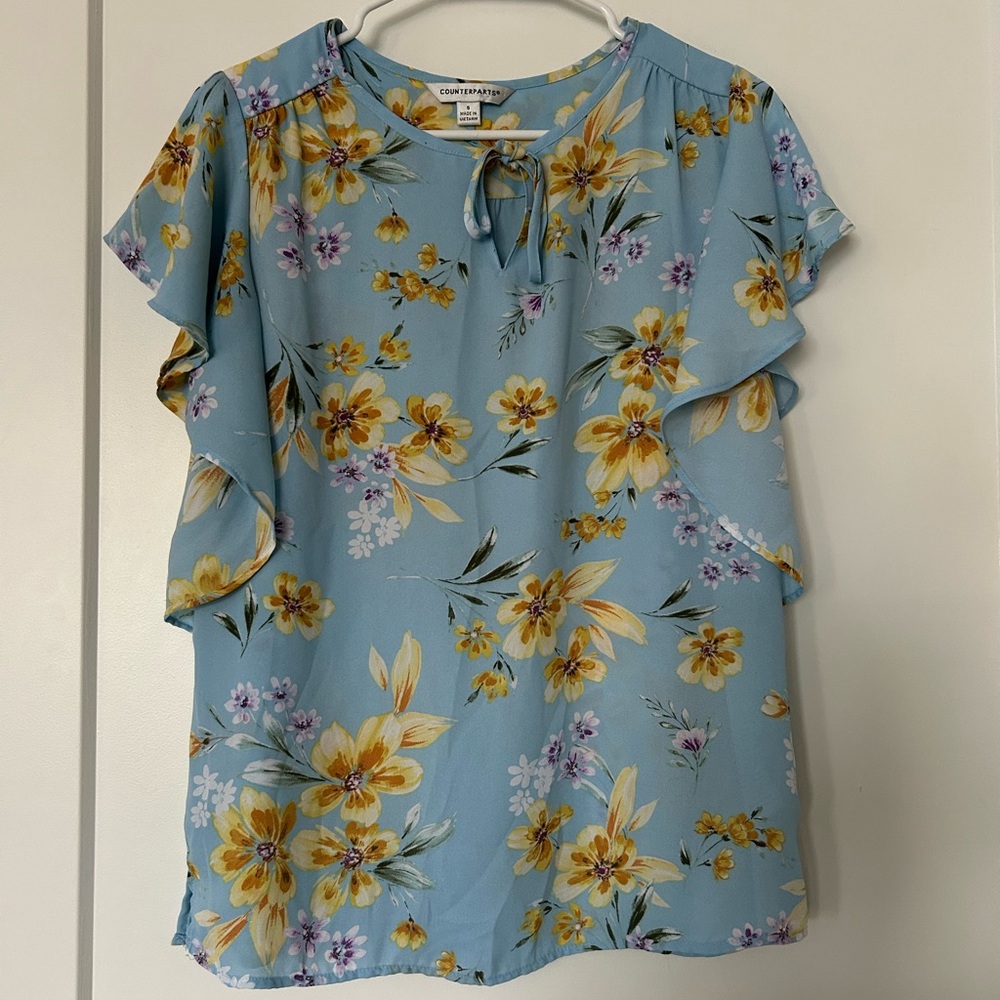 Counterparts Floral Ruffle Sleeve Blouse - Blue and Yellow